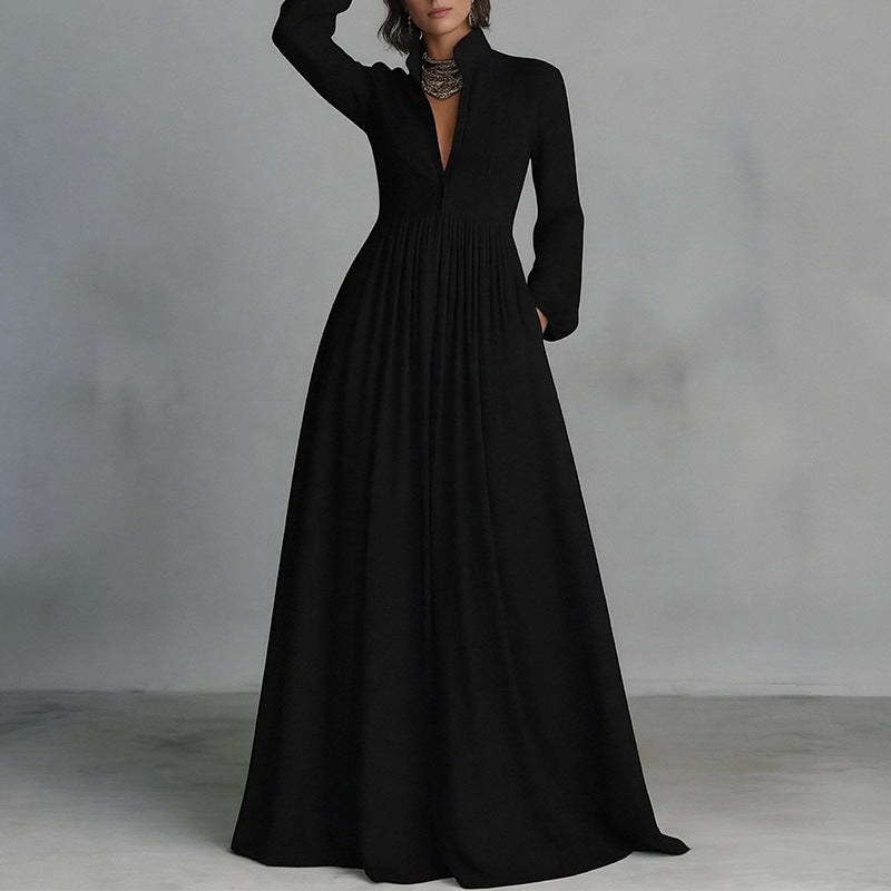 Women's Casual Summer Solid Color Collar Waist Long Sleeve Loose Dress