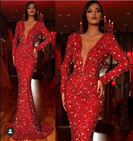 Women's Sexy Tight Deep-V-Neck Long Sleeve Sequin Fishtail Trim Dress