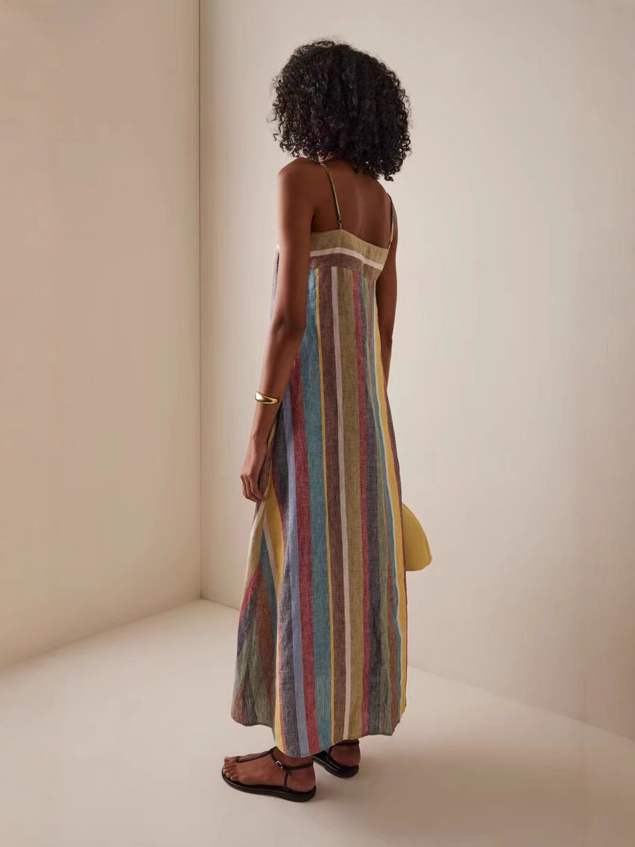 Women's Summer Rainbow Stripe Loose Strap Maxi Dress