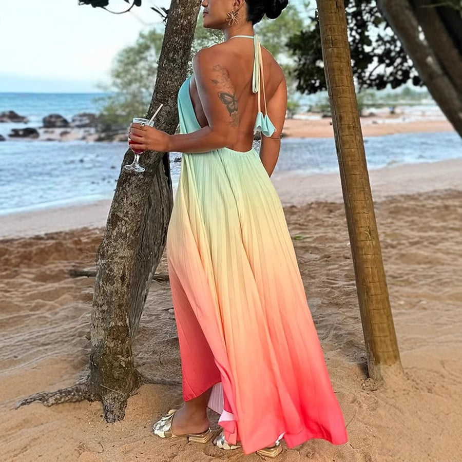 Women's Sexy Gradient Halter-Neck Backless Lace-Up Loose Maxi Dress