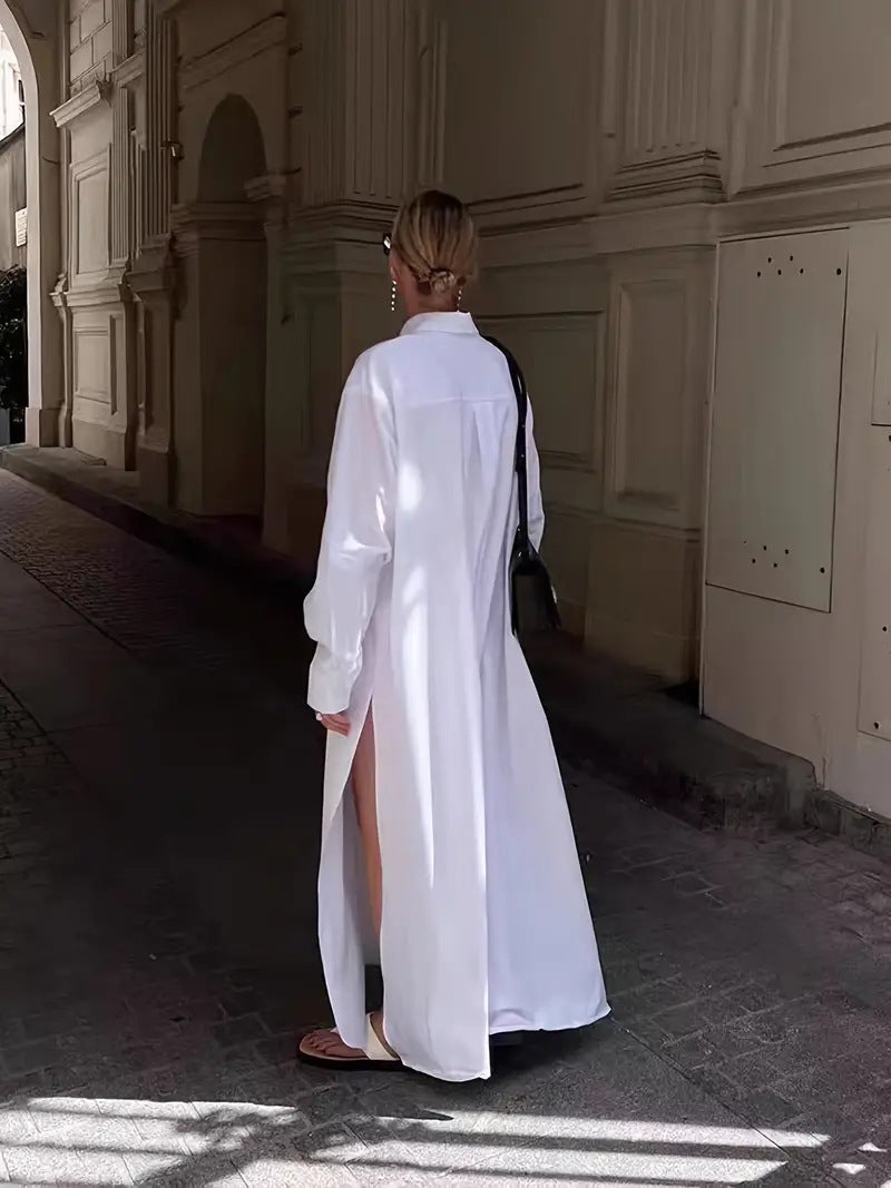 Women's Elegant Casual Solid Color Long Sleeve Loose Split Shirt Dress