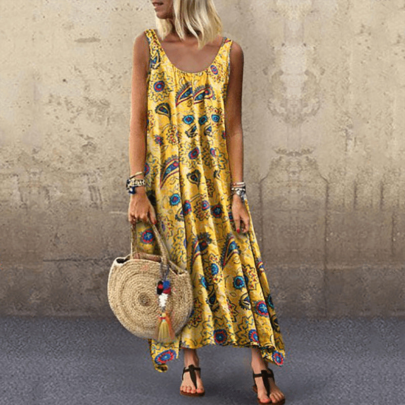 Women's Casual Chiffon Plant Printing Round Neck Sleeveless Dress