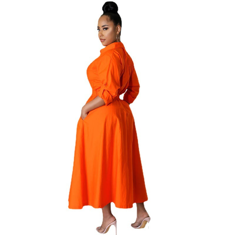 Women's Autumn Solid Color Laps Long Sleeve Single-Breasted A-Line Maxi Dress