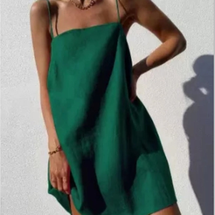 Women's Casual Cotton Linen Sling Dress Short Skirt