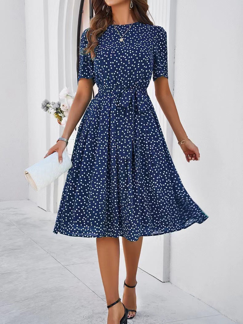 Women's Spring and Summer Polka Dot Print Short Sleeve Lace-Up A-Line Dress