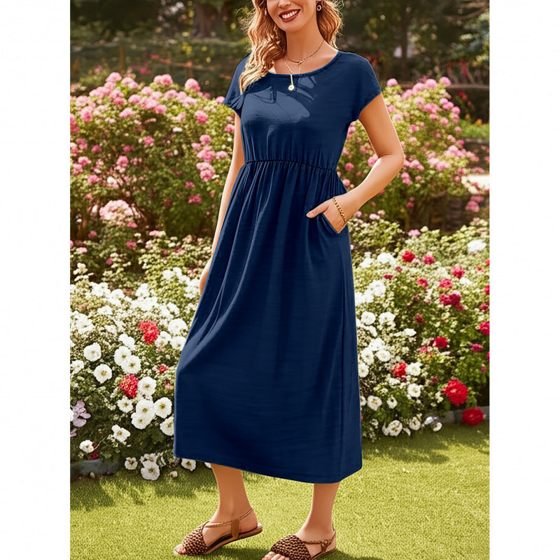 Women's Casual Summer Solid Color Ice Silk Round Neck Short Sleeve Loose Dress