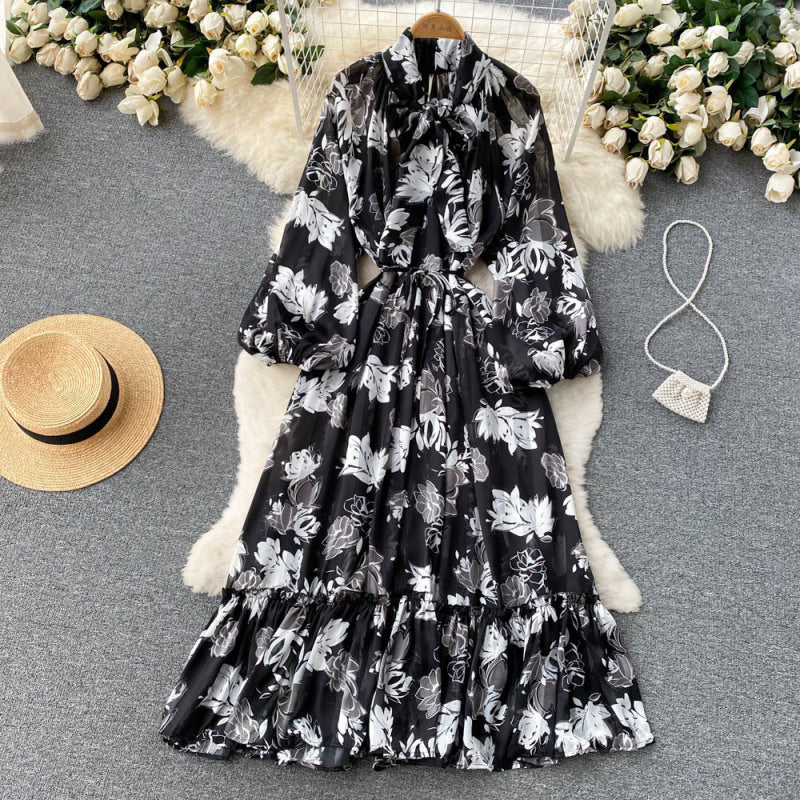 Vintage Floral Paisley Leaf Leopard Printed Bohemian Women Ruffled Pleated Dress