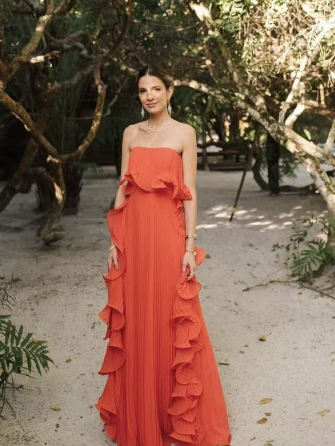 Women's Holiday Solid Color Tube Top Pleated Maxi Dress