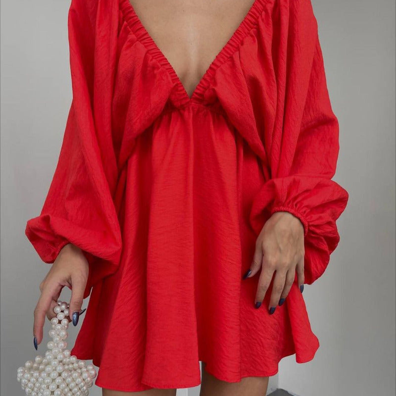 Women's Casual Solid Color V-Neck Long Sleeve Puff Sleeve Dress