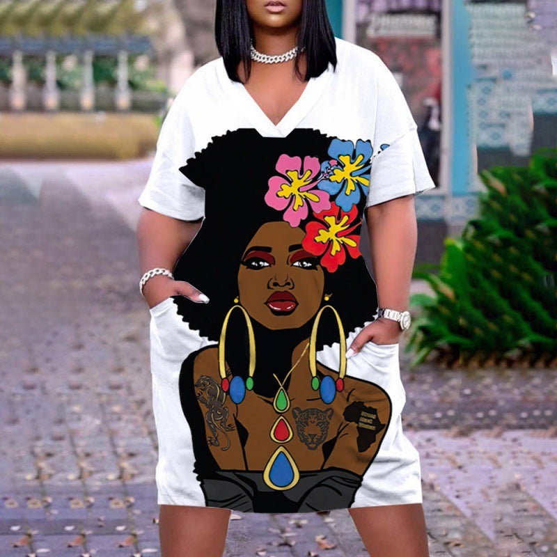 Women's Multicolor Human Avatar Printed V-Neck Long Sleeve Mid-Length Dress