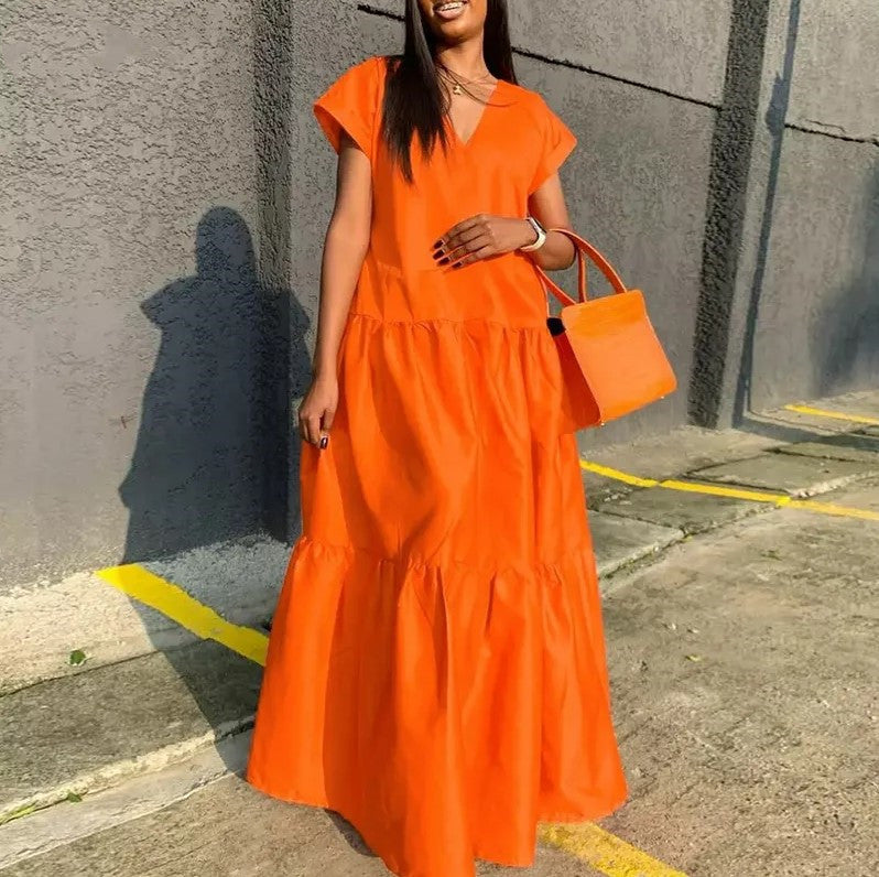 Women's Casual Solid Color V-Neck Short Sleeve Maxi Dress