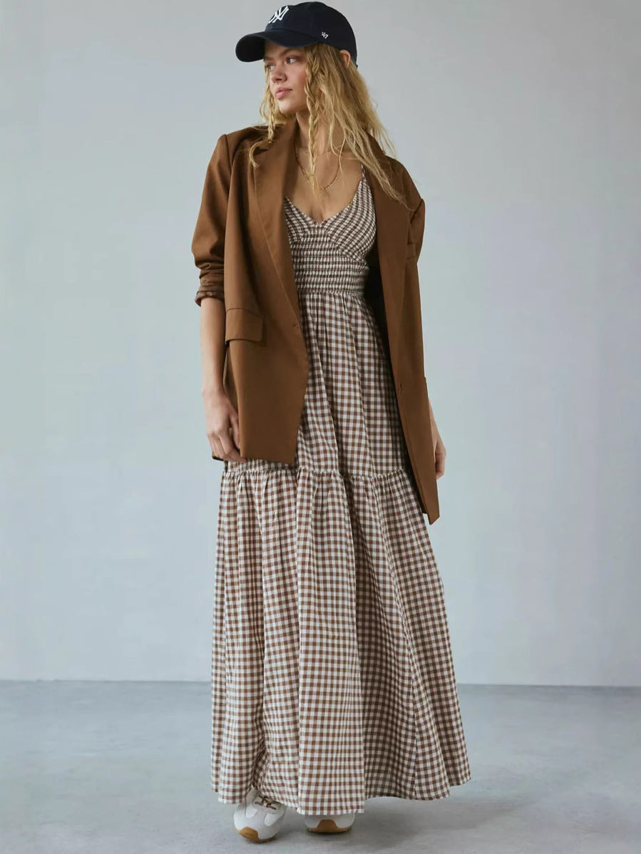 Women's Summer Vacation Casual Vintage Plaid Print Sling Maxi Dress