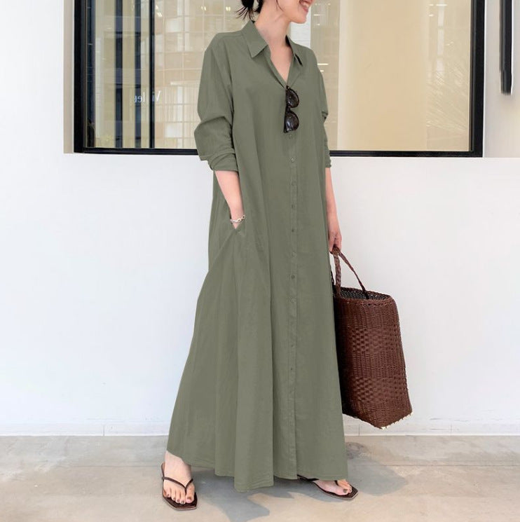Women's Casual Solid Color Loose Long Sleeve Lapel Shirt Maxi Dress