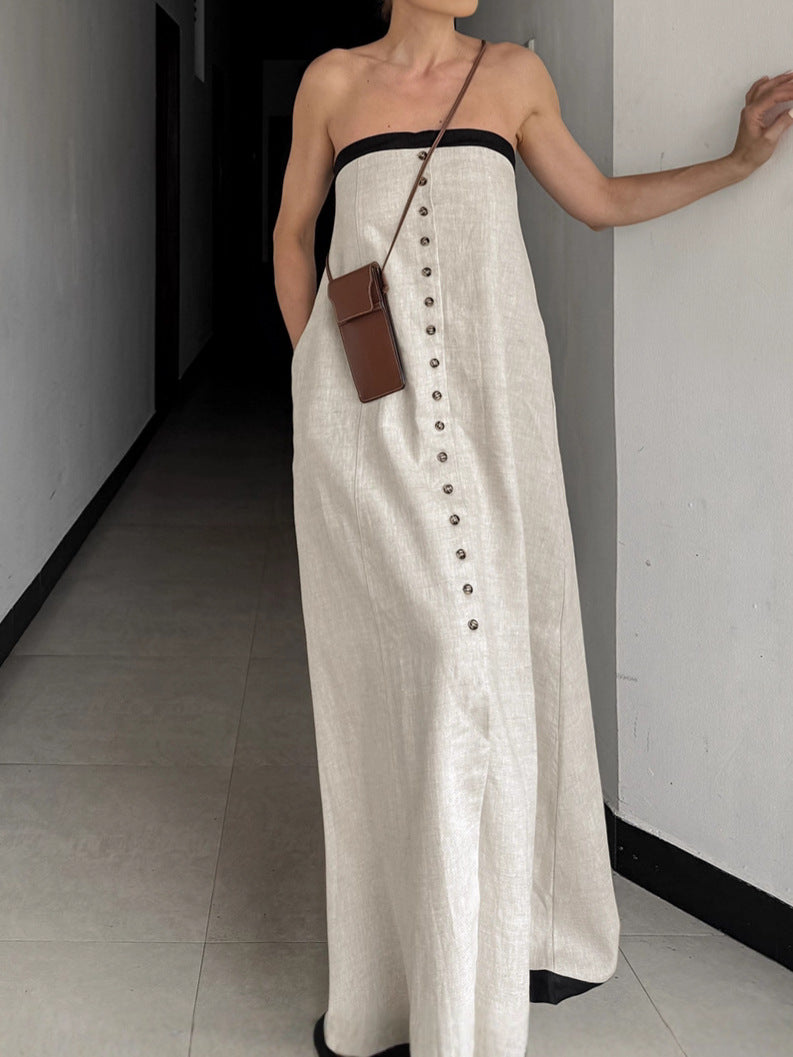 Women's Casual Stitching Contrast Single-Breasted Strapless Maxi Dress