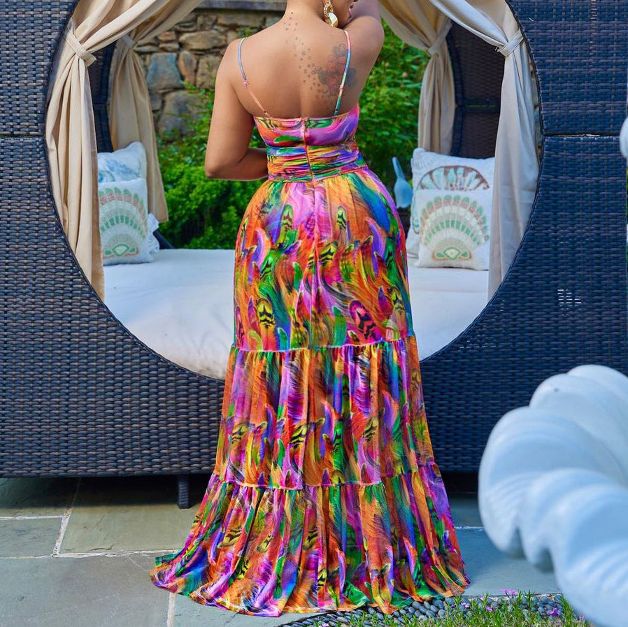 Women's Sexy Plus Size Printed Spaghetti Strap Backless Long Dress