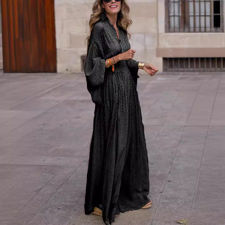 Women's Casual Geometric Pattern V-Neck Long Sleeve Loose Maxi Dress