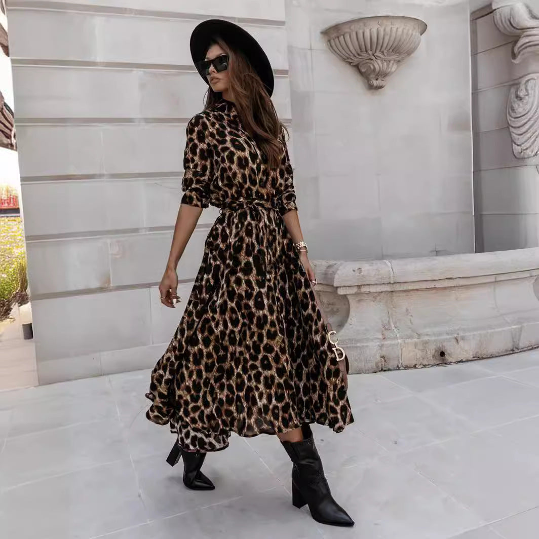 Women's Autumn Winter Long Sleeve Leopard Print Casual Midi Dress
