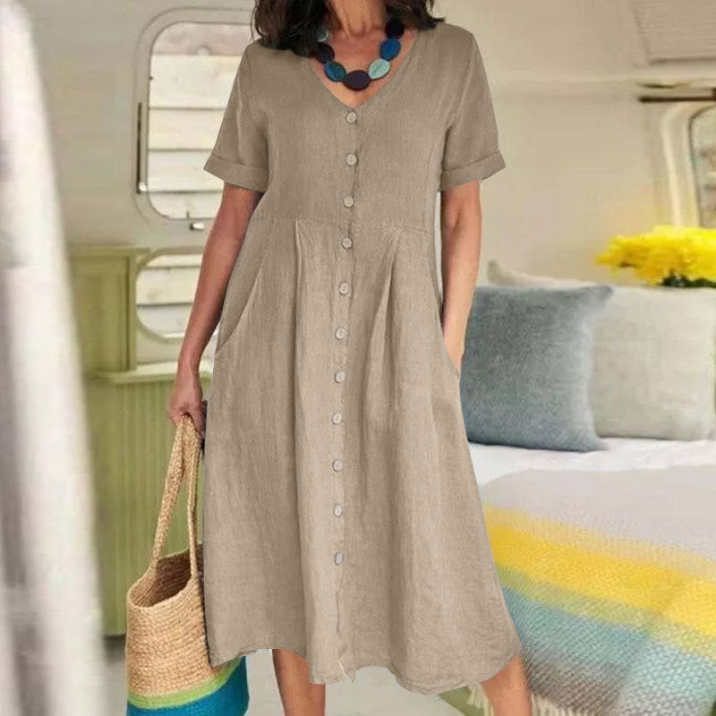 Spring and Summer Solid Color High Waist Cotton Linen Short Sleeve Midi Dress