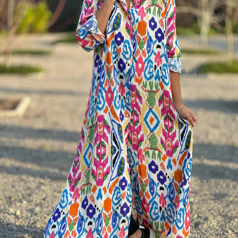 Women's Loose Casual Geometric Print Long Sleeve Shirt Dress, Plus Size