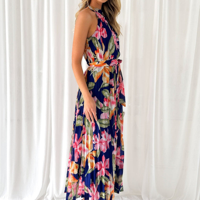 Women's Sleeveless Printed Pleated Halter Neck Maxi Dress