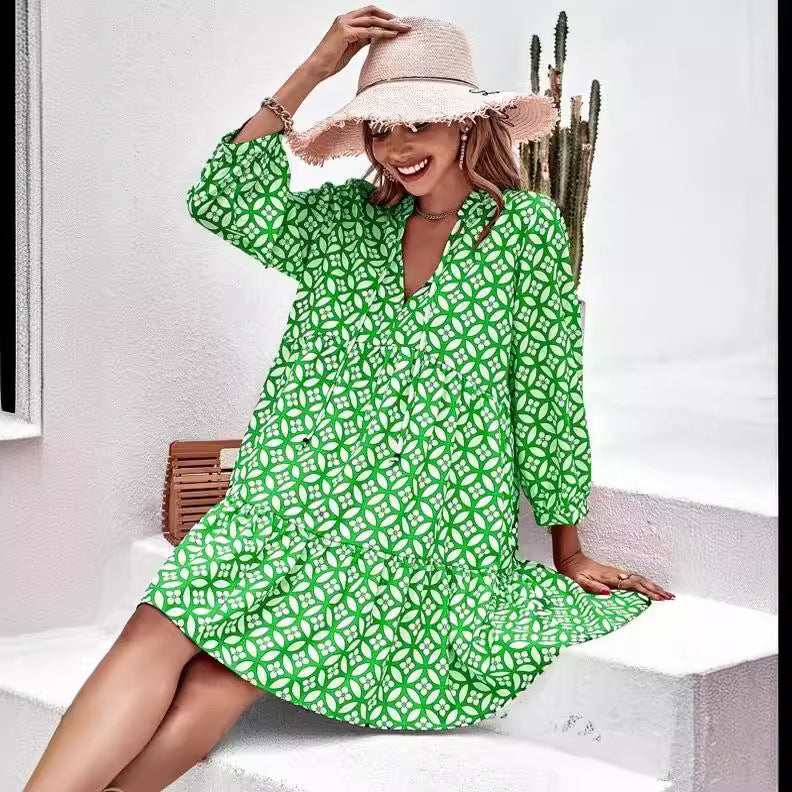 Women's Casual Printed Long Sleeve Loose Cardigan Dress