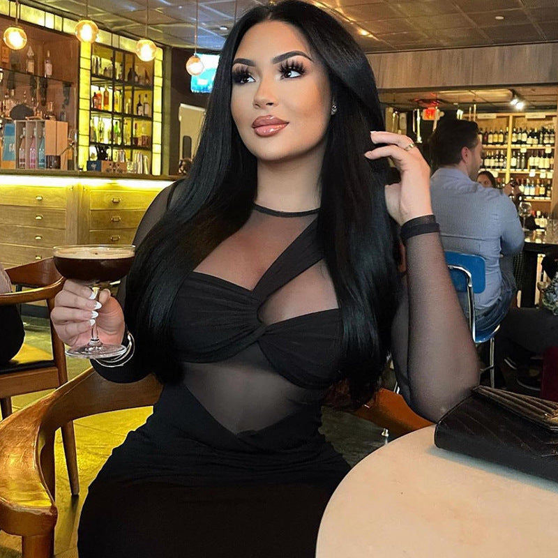 Women's Mesh Patchwork Long Sleeve Midi Sheath Dress