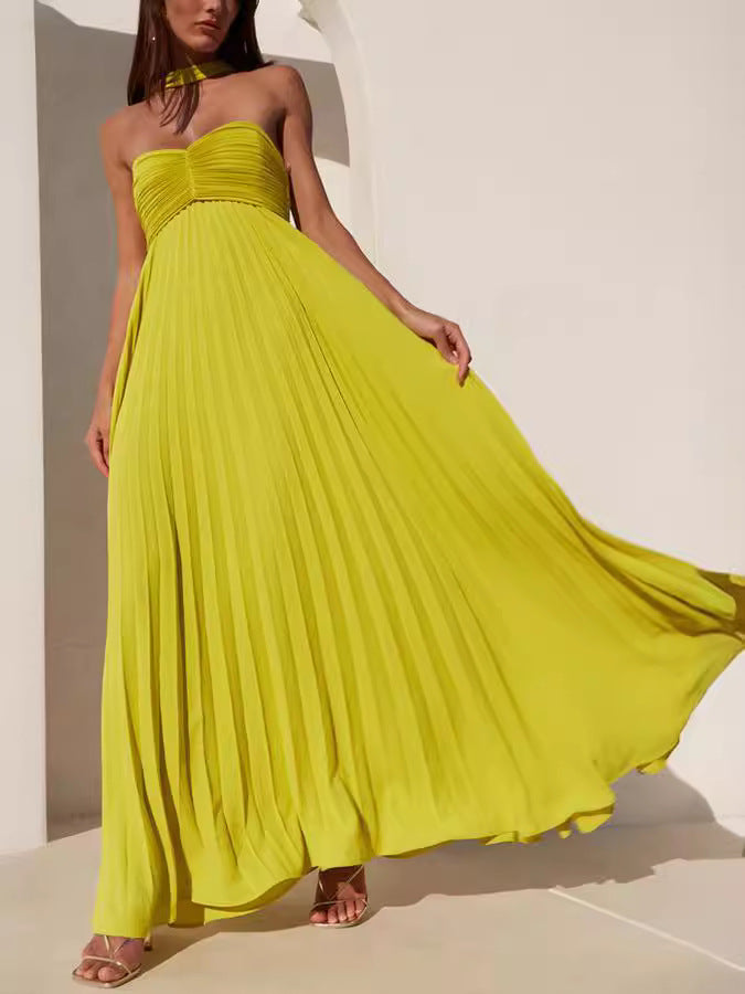 Women's Solid Color Strapless Pleated Maxi Dress