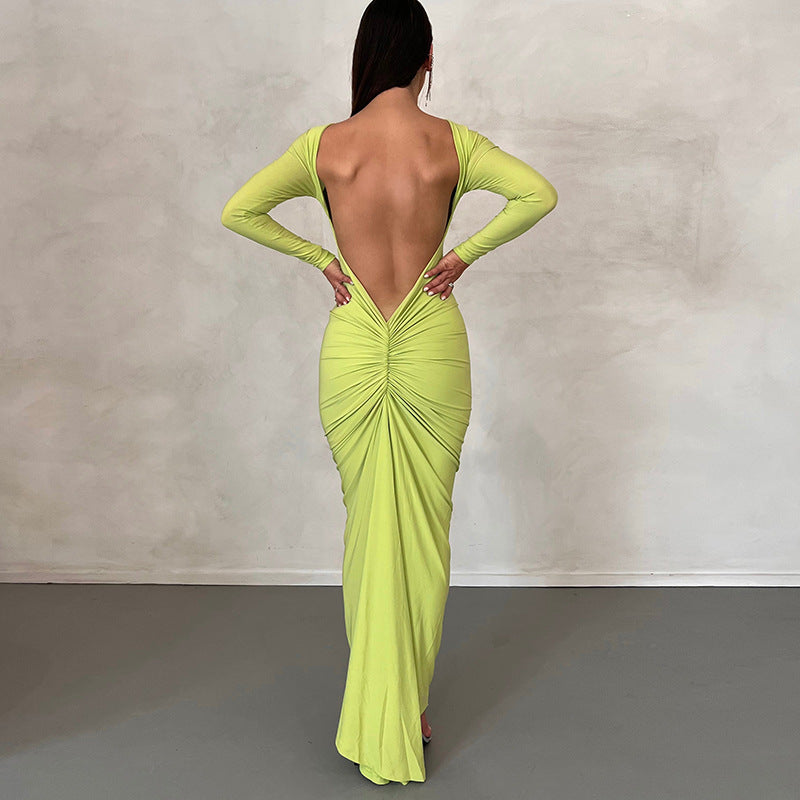 Women's Solid Color Sexy Backless Creased Slim Long Sleeve Maxi Dress