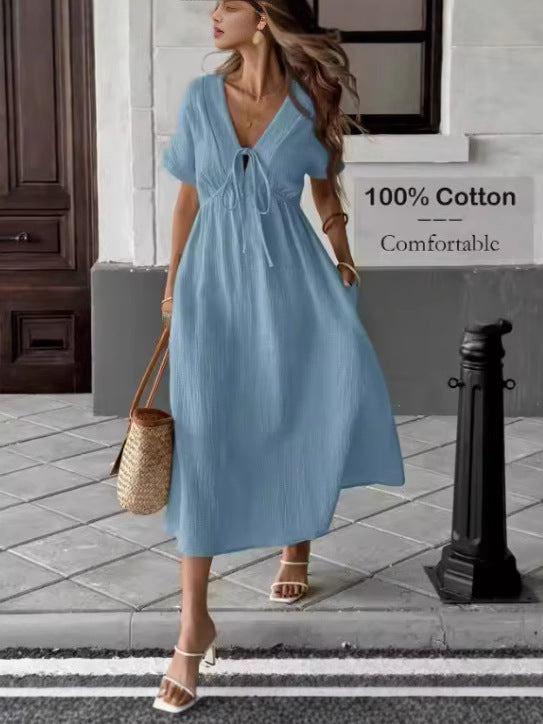 Women's Casual Summer Solid Color V-Neck Short Sleeve Loose A-Line Dress