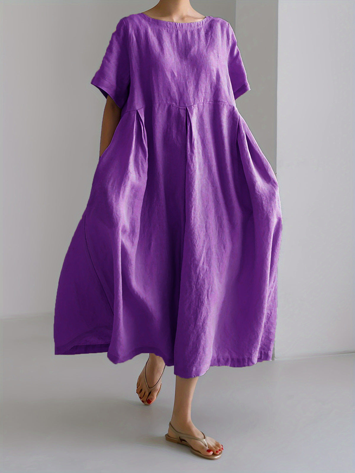 Women's Casual Solid Color Cotton and Linen Round Neck Short Sleeve Loose Dress