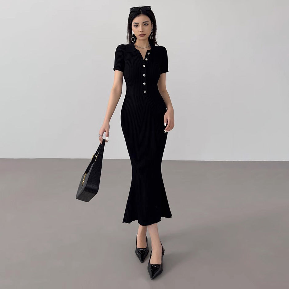 Women's Elegant Slim-Fit Tight Lapel Short Sleeve Knitted Maxi Dress