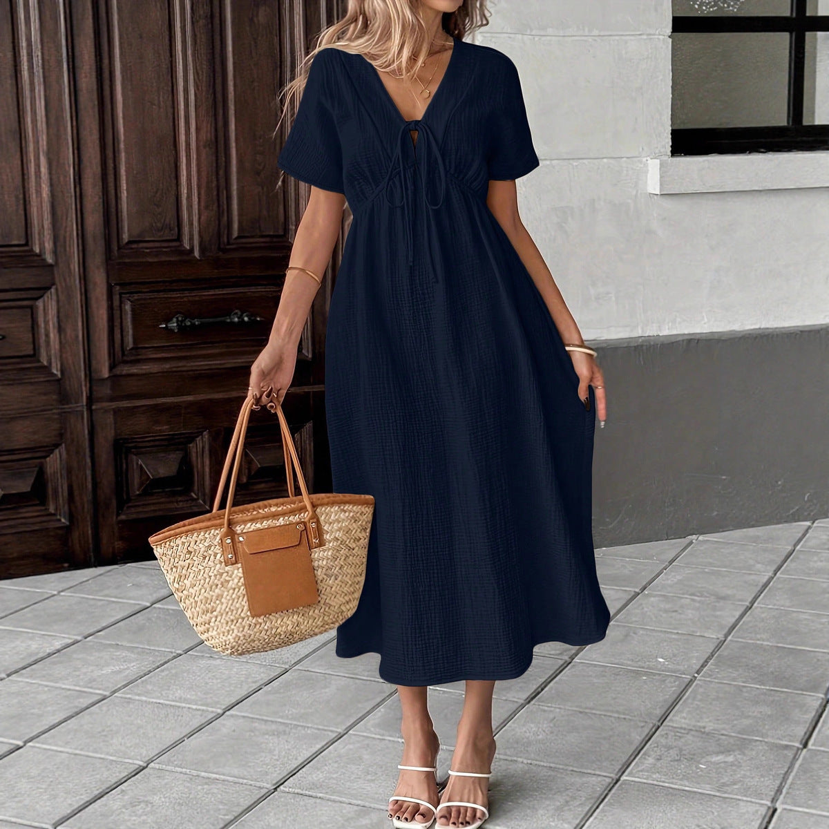 Women's Casual Boho Vacation Solid Color Deep V-Neck Short Sleeve Loose Dress