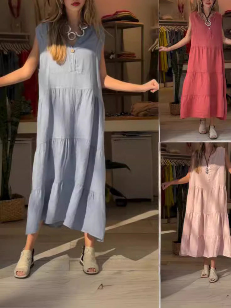 Women's Summer Casual Solid Color V-Neck Cotton and Linen Maxi Dress