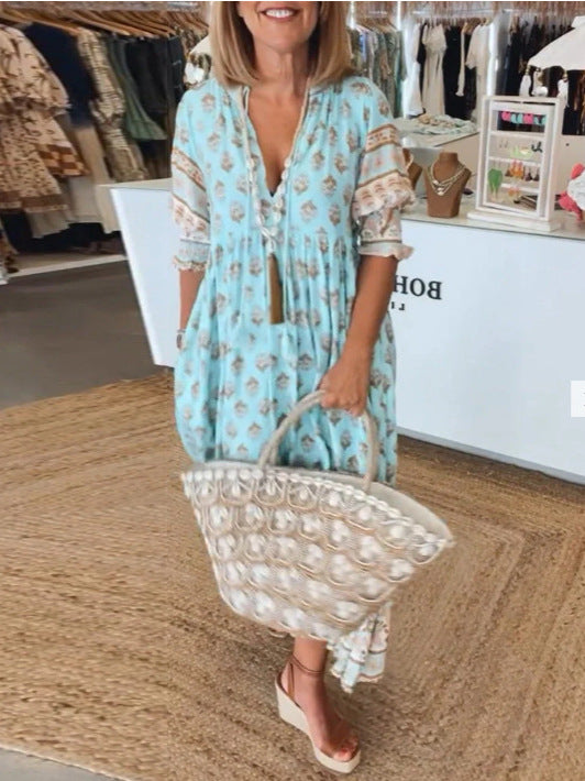 Women's Casual Summer Printed V-Neck Lantern Sleeve High Waist Large Swing Dress