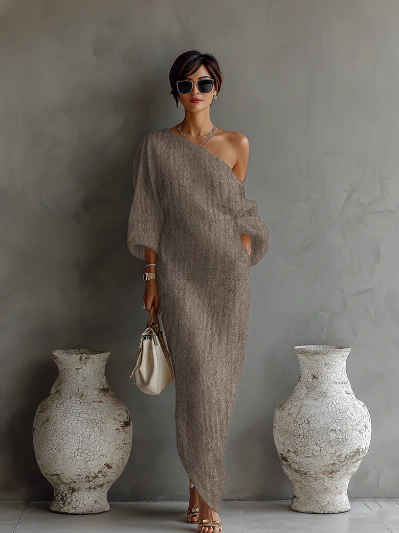 Spring and Summer Casual Women Long Sleeve Slanted Shoulder Maxi Dress