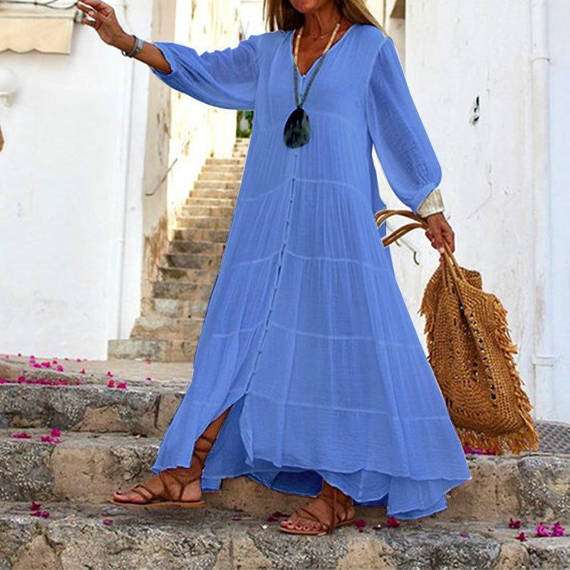 Women's Summer Solid Color Bohemian V-Neck Long Sleeve Cotton Linen Maxi Dress