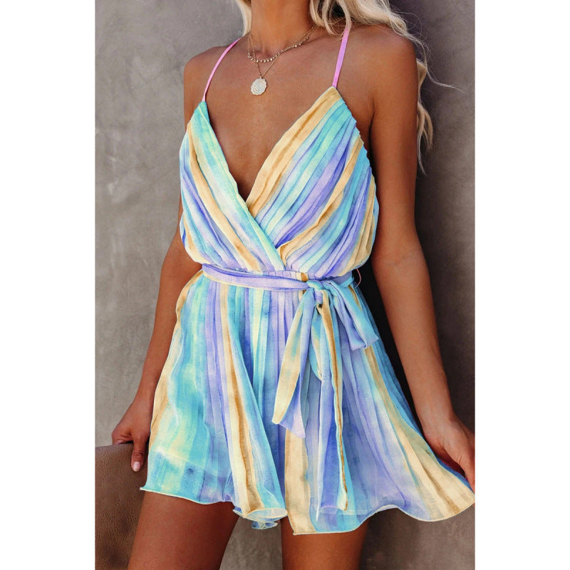 Women's Pleated Printing Chiffon Spaghetti Strap Dress