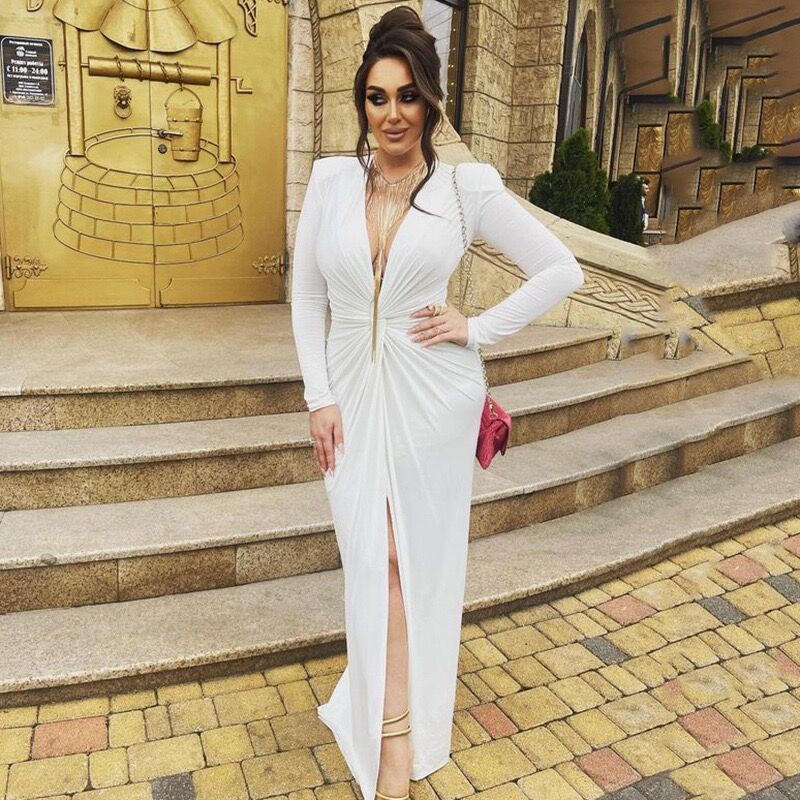Women's Sexy Deep V Creased High Split Maxi Dress