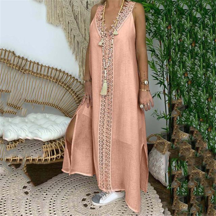 Women's Vintage Boho Lace Patchwork V-Neck Maxi Dress, Plus Size