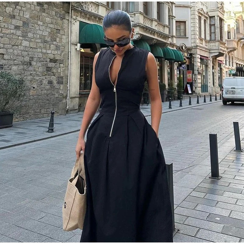 Women's High Waist Sleeveless Zipper Maxi Dress-Style