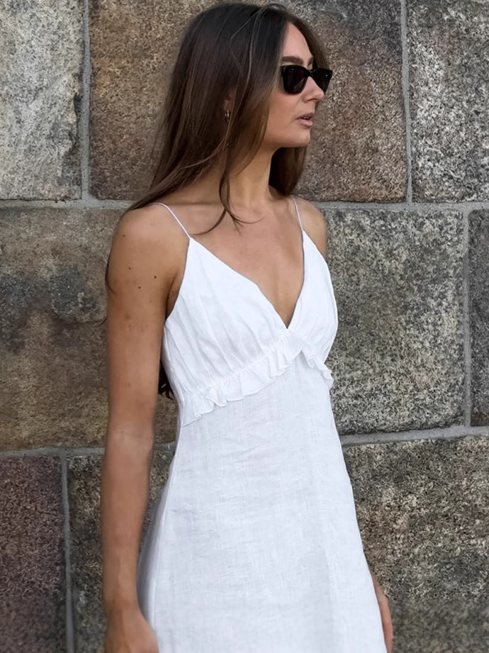 Women's Casual Solid Color Cotton Linen V-Neck Ruffled Loose Maxi Dress