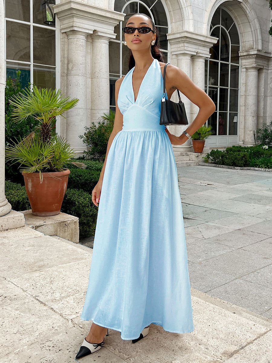 Women's Solid Color Cotton and Halter-Neck V-Neck Tight Waist Strap A-Line Dress
