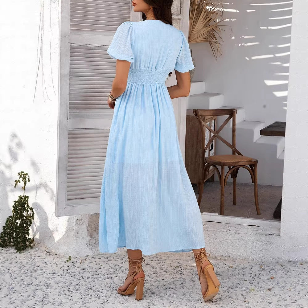 Women's Summer Solid Color V-Neck Short Sleeve Single-Breasted Split Dress