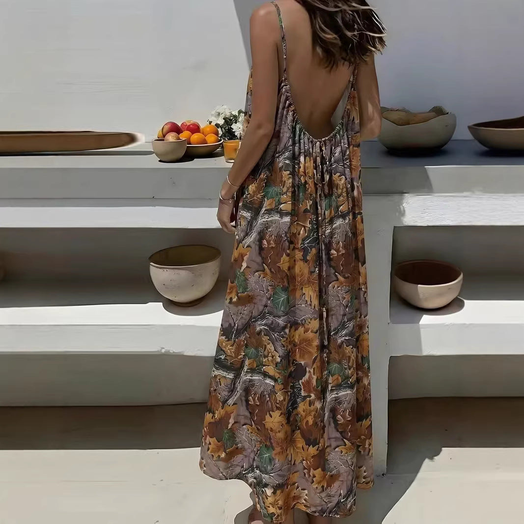 Women's Casual Print Loose Strap Maxi Dress
