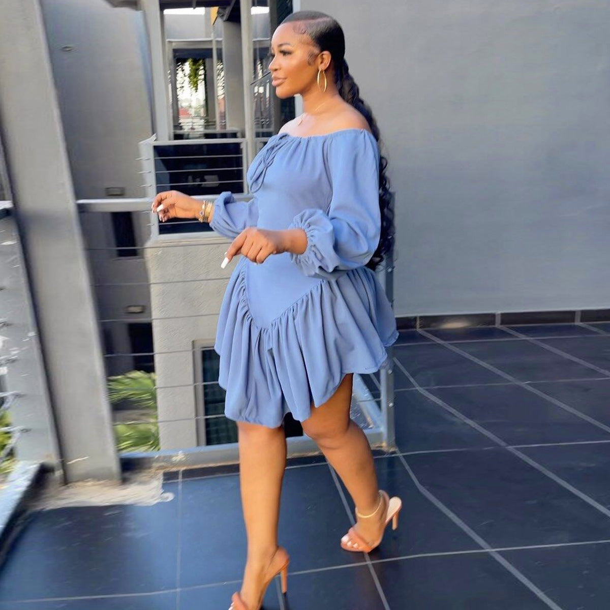 Women's Solid Color Lantern Sleeve Dress