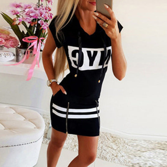 Women's Casual Hooded Slim-Fit Short Sleeve Letter Print Dress
