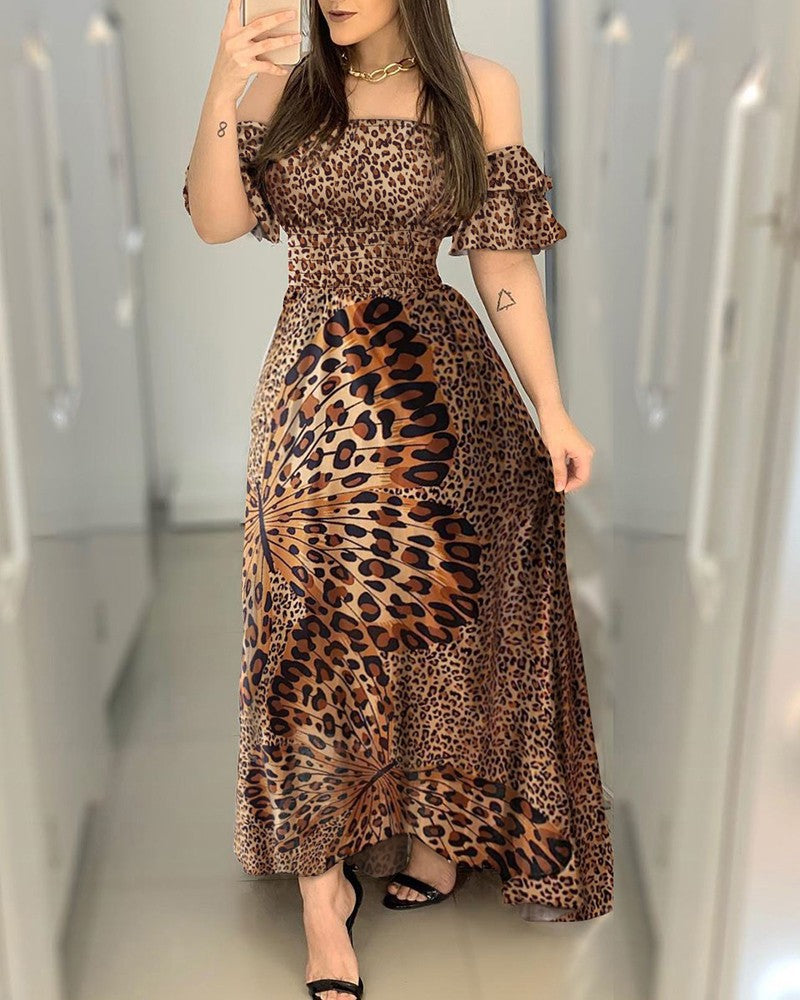 Leopard Butterfly Print Off-Shoulder Maxi Dress