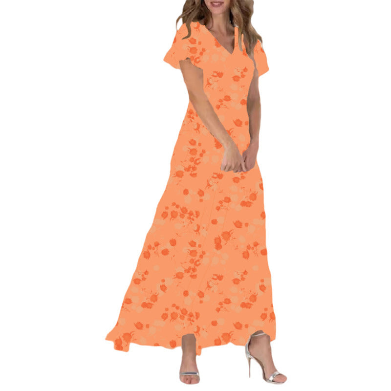 Women's Casual Flower Printed Chiffon V-Neck Short Sleeve Ruffled Maxi Dress