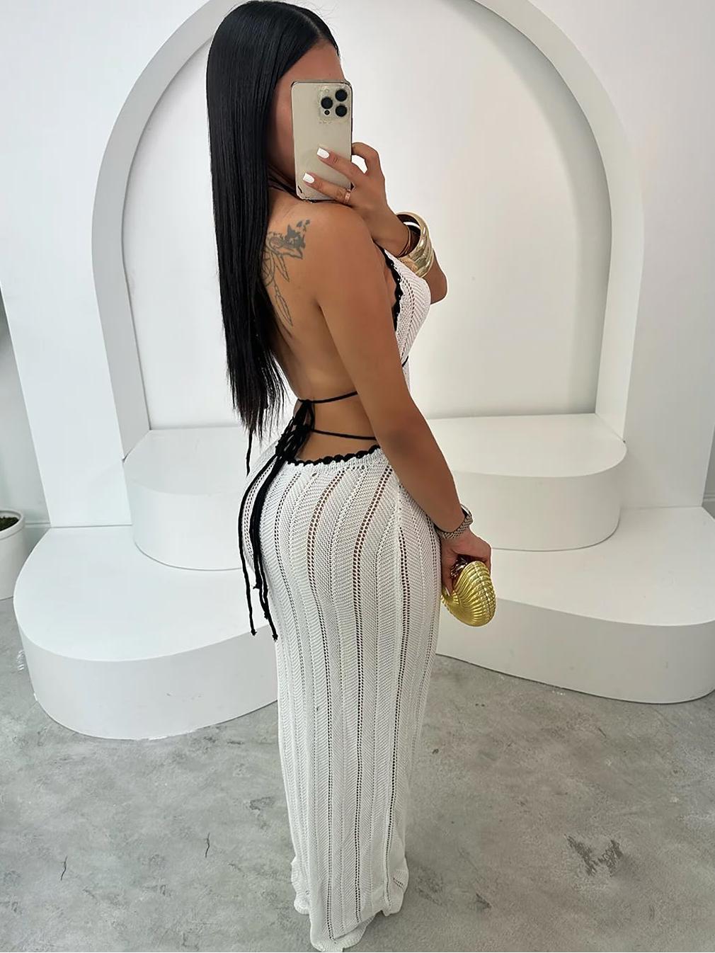 Women's Sexy Summer V-Neck Halter Backless Knitted Dress