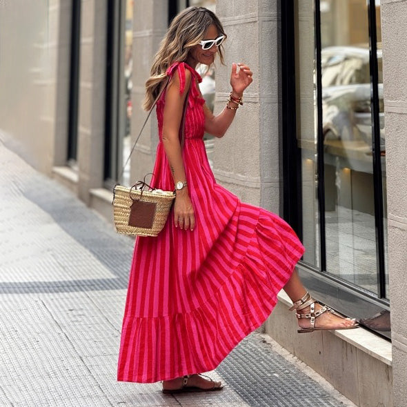 Women's Casual Summer Stripe Print Lace-Up Waisted A-Line Dress